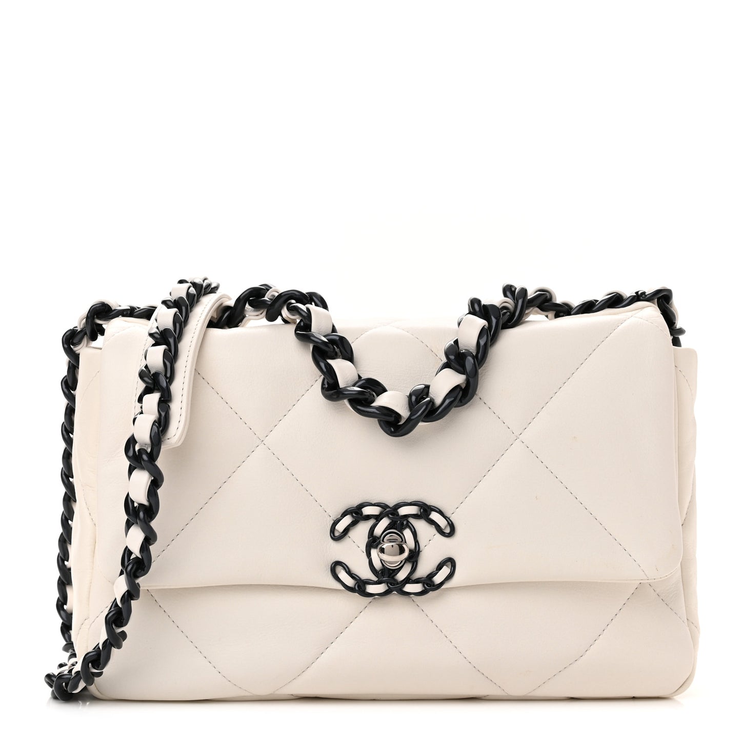 Glossy Calfskin Quilted Medium Chanel 19 Flap White Black