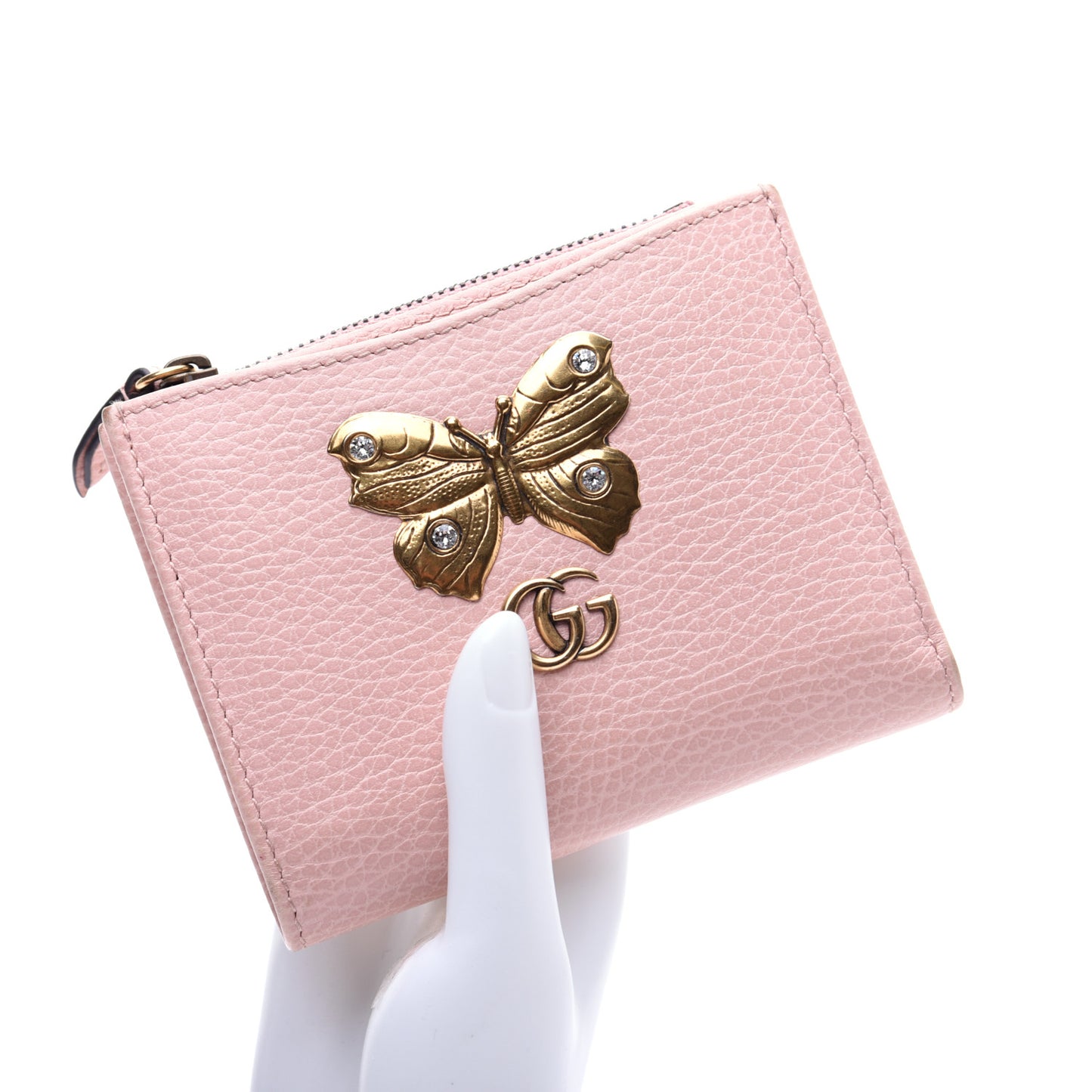 Pebbled Calfskin Butterfly Card Case Wallet Perfect Pink