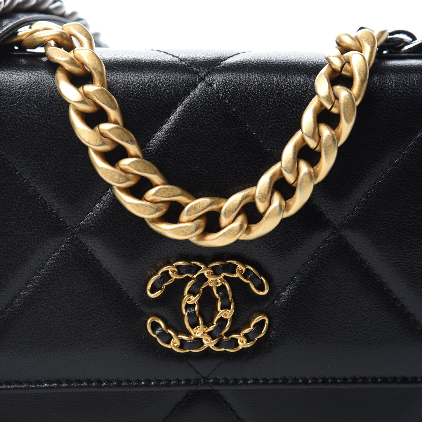 Shiny Goatskin Quilted Chanel 19 Wallet On Chain WOC Black