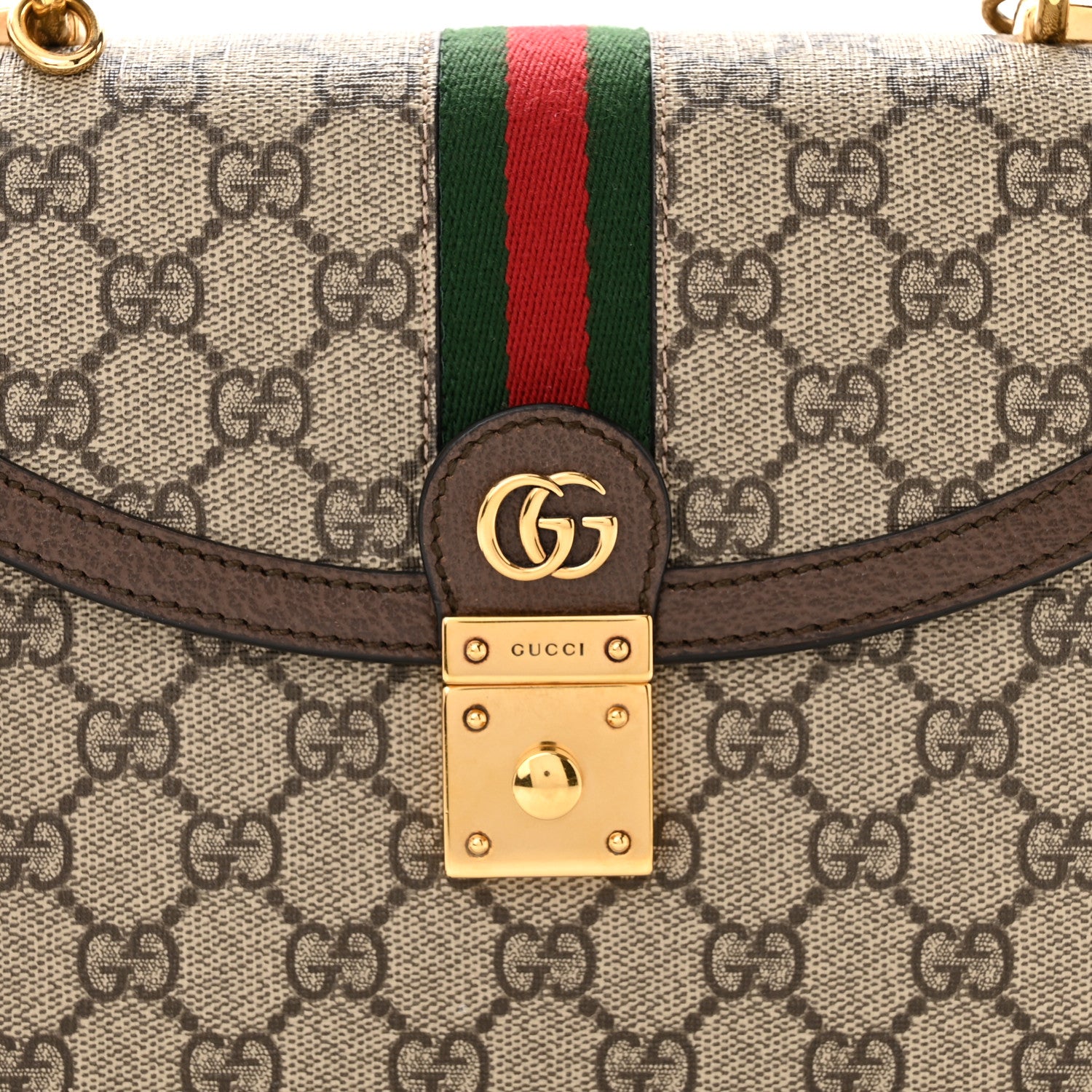Gucci GG Supreme Monogram Textured Dollar Calfskin Web Small Ophidia Padlock Top Handle Bag Beige Ebony New Acero 8 of 10
