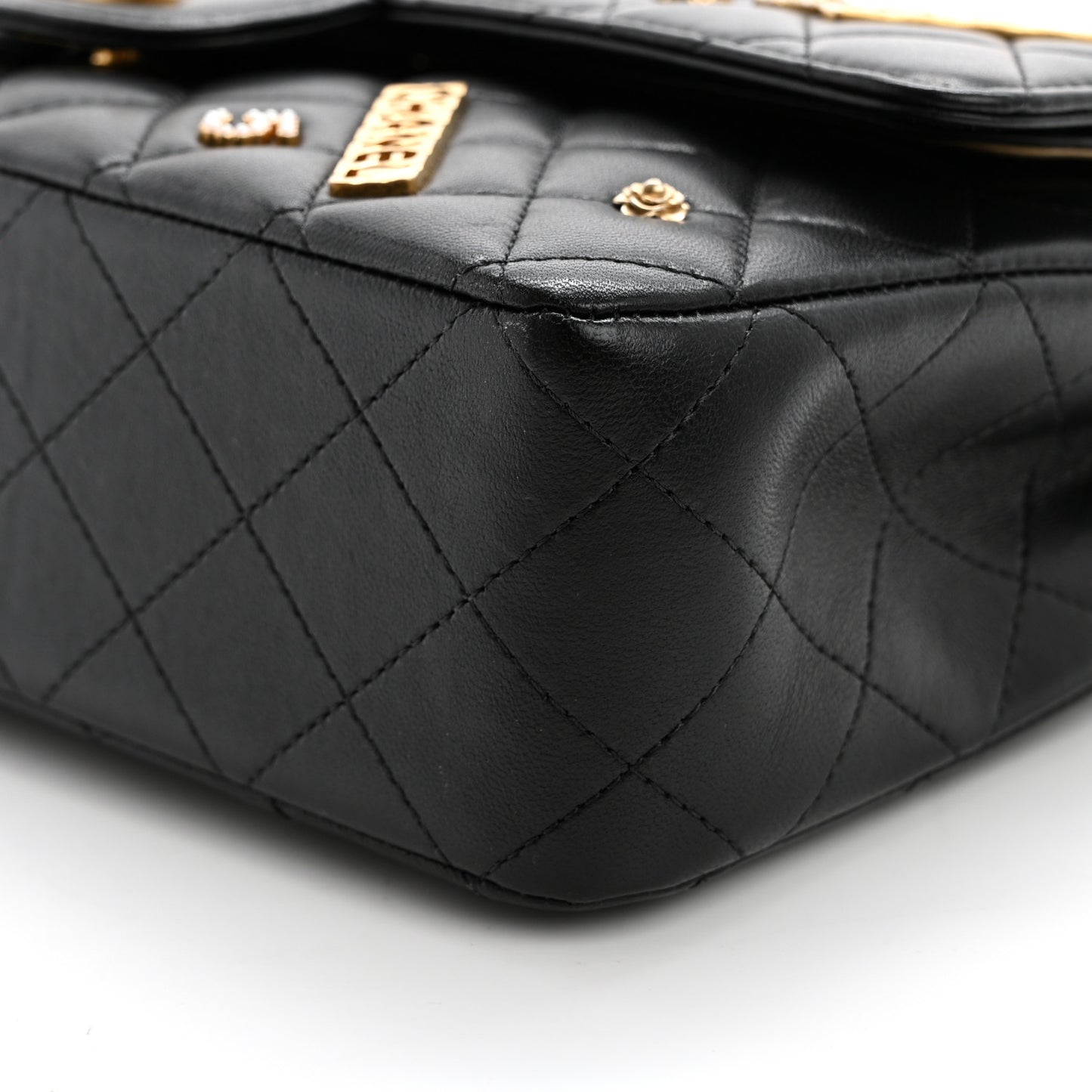 Lambskin Quilted Medium Rue Cambon Charms Double Flap Black