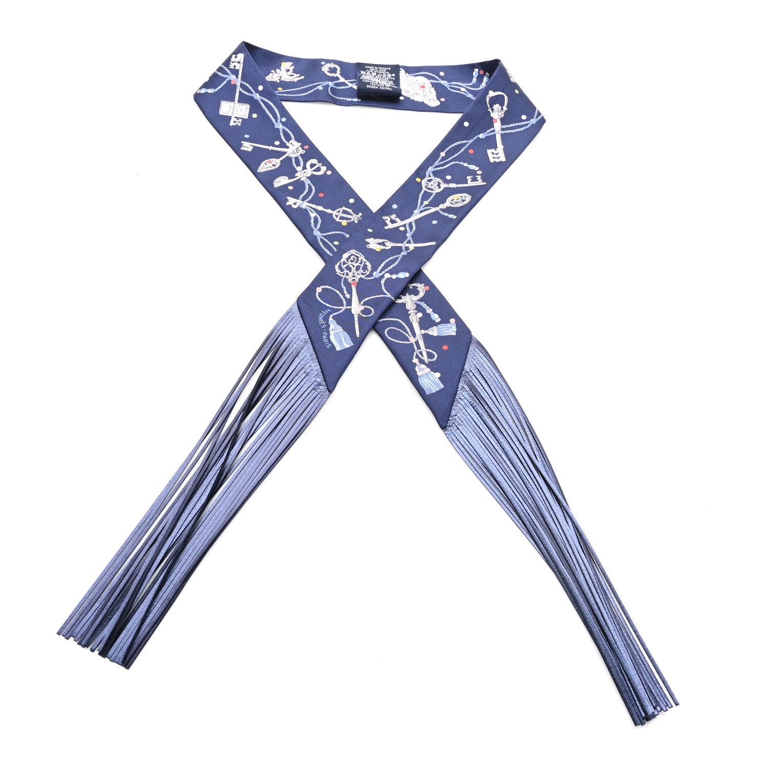 Hermes Silk Metallic Agneau Les Cles A Pois Fringed Twilly Bleu Marine Gris Argent Multicolor 1 of 3