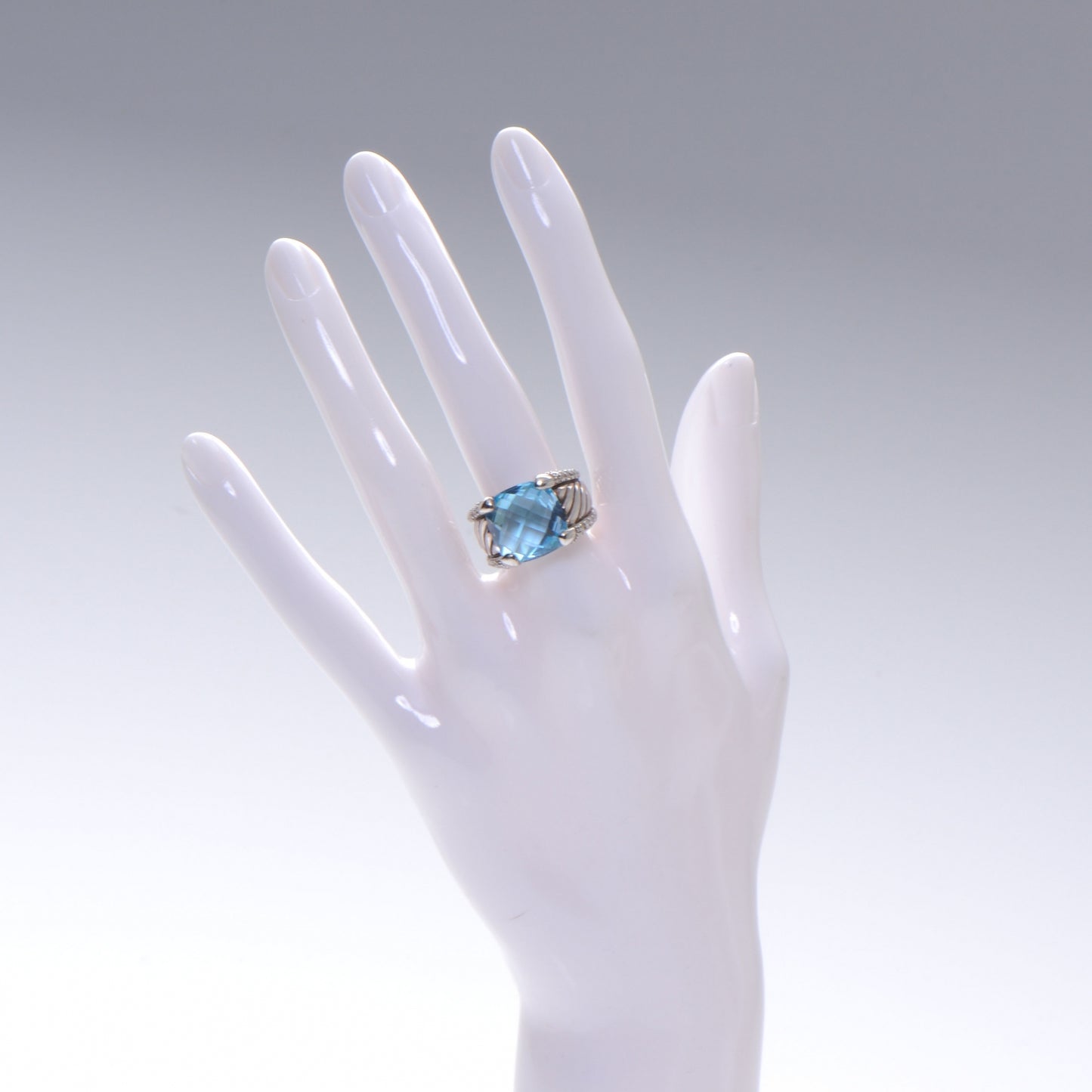 Sterling Diamond 14mm Pave Diamonds Blue Topaz Cocktail Ring 6