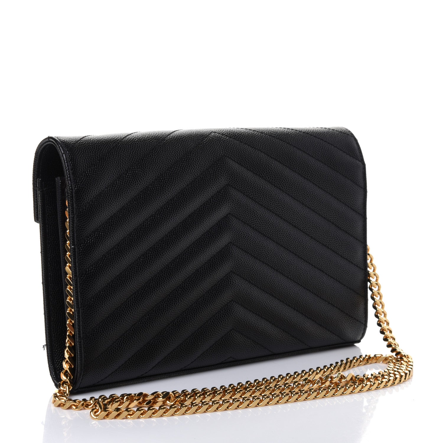Saint Laurent Grain De Poudre Matelasse Chevron Monogram Chain Wallet Black 2 of 4