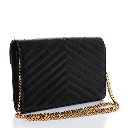 Saint Laurent Grain De Poudre Matelasse Chevron Monogram Chain Wallet Black 2 of 4
