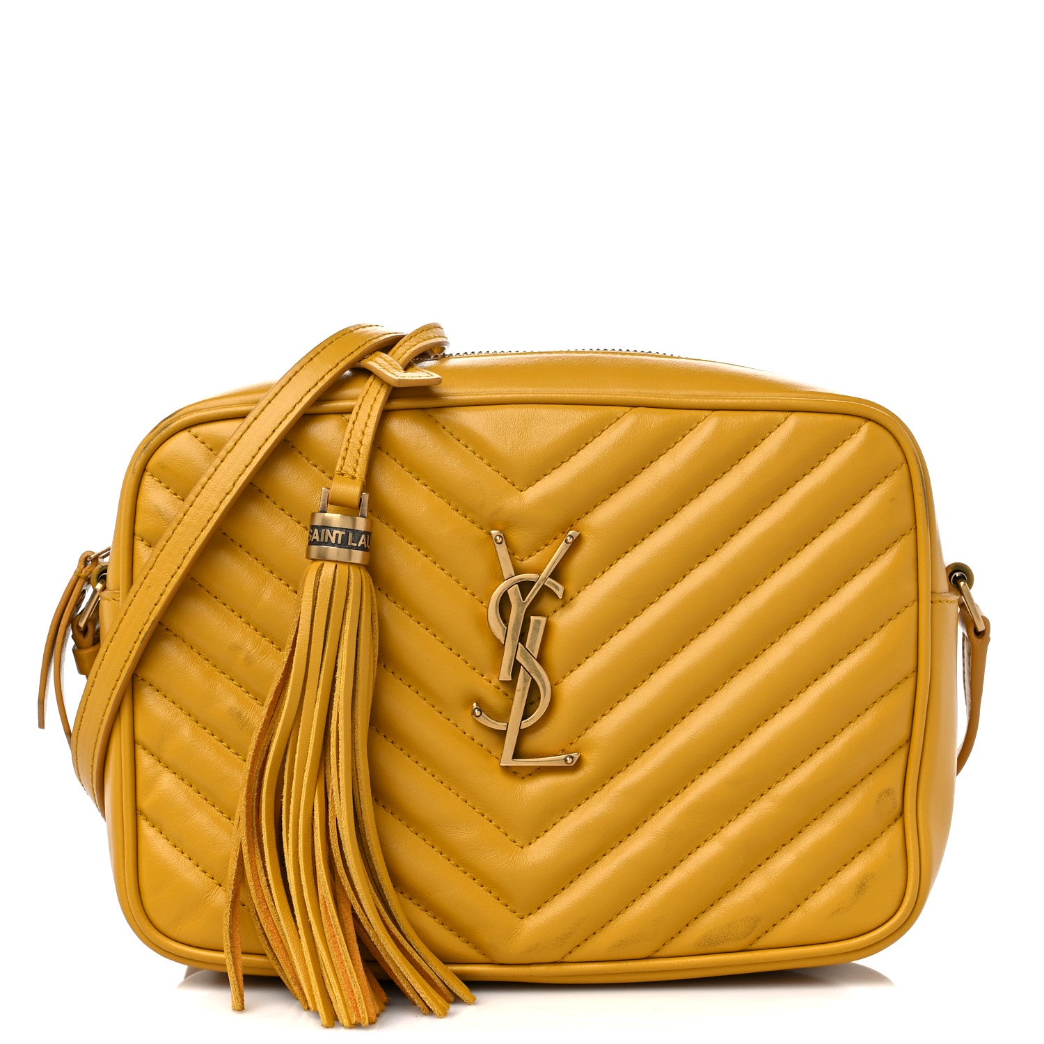 front view image of SAINT LAURENT Calfskin Matelasse Monogram Lou Camera Bag in the color Safran by FASHIONPHILE