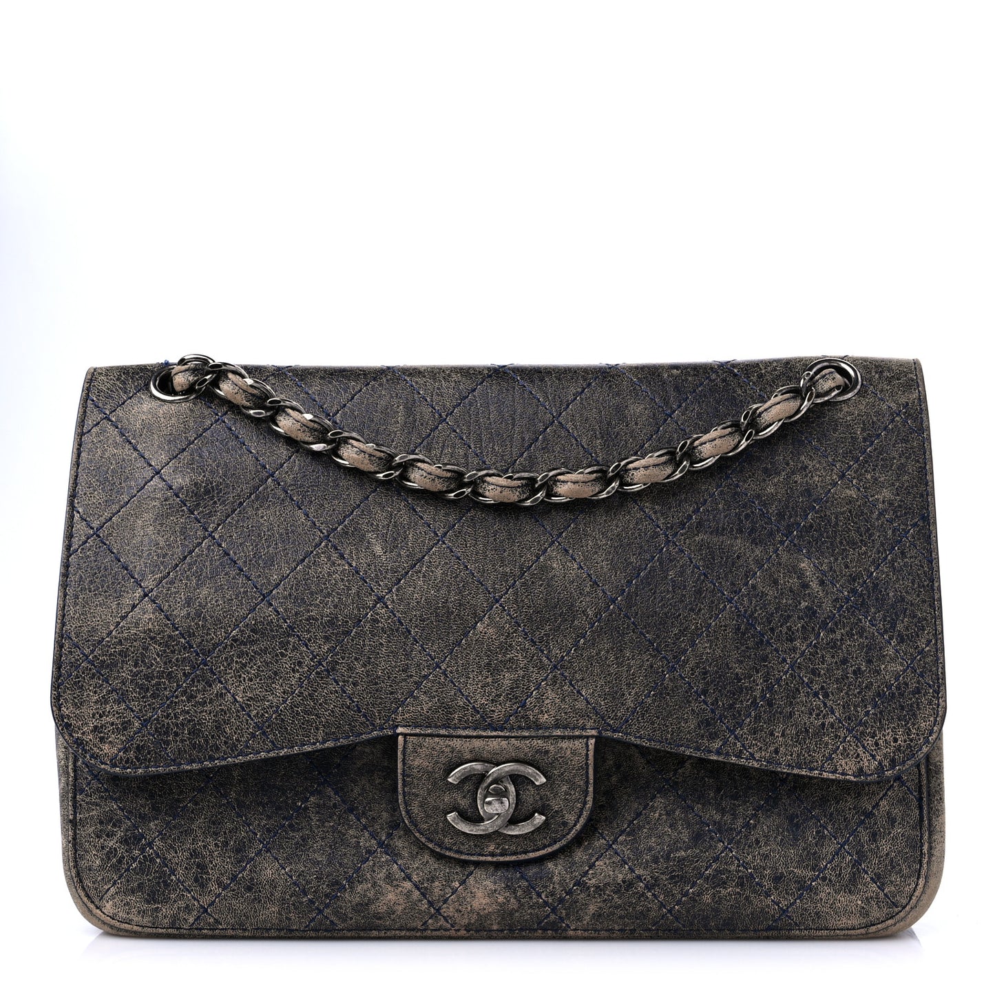 Calfskin Stitched Jumbo Double Flap Brown Blue