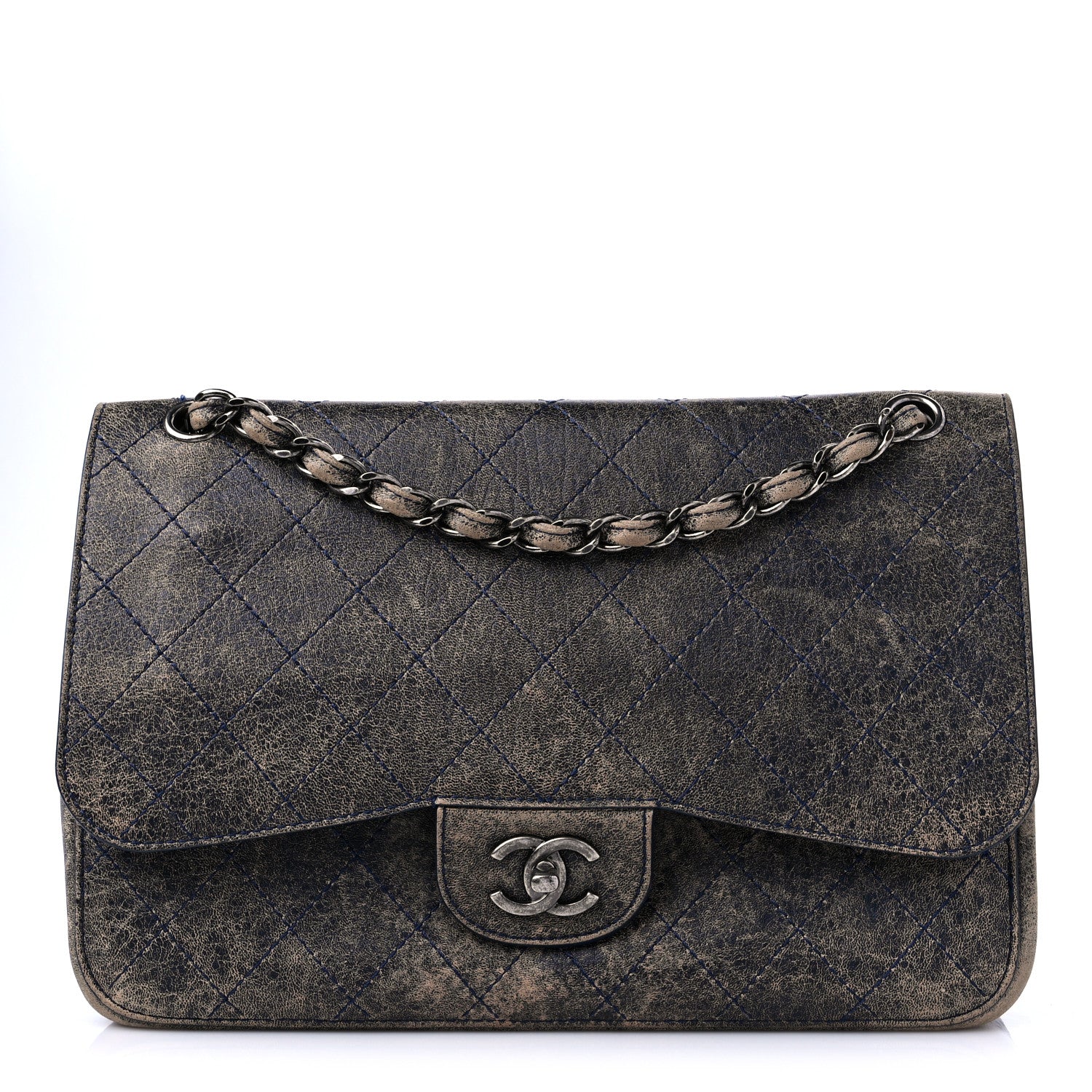 Chanel Calfskin Stitched Jumbo Double Flap Brown Blue 1 of 12