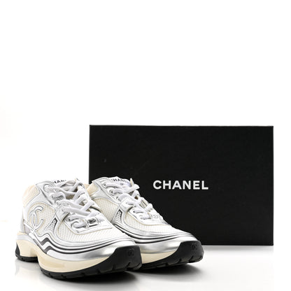 Chanel Fabric Laminated Calfskin Stretch CC Womens Sneakers 39.5 White Silver 14 of 14