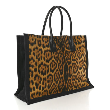 Saint Laurent Canvas Calfskin Leopard Print Rive Gauche Noe Tote Natural Black 3 of 12