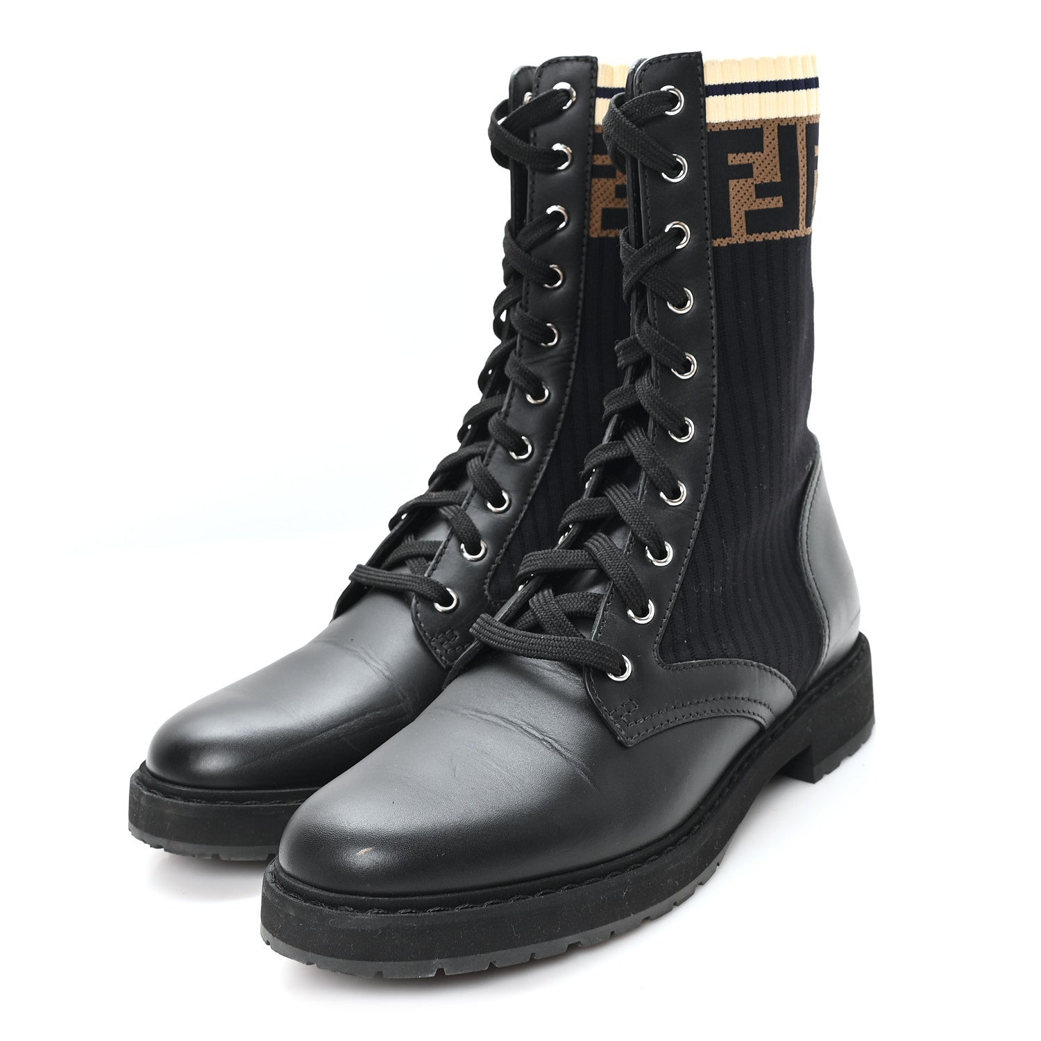 Fendi Calfskin Stretch Fabric Rockoko Biker Boots 39.5 Tobacco