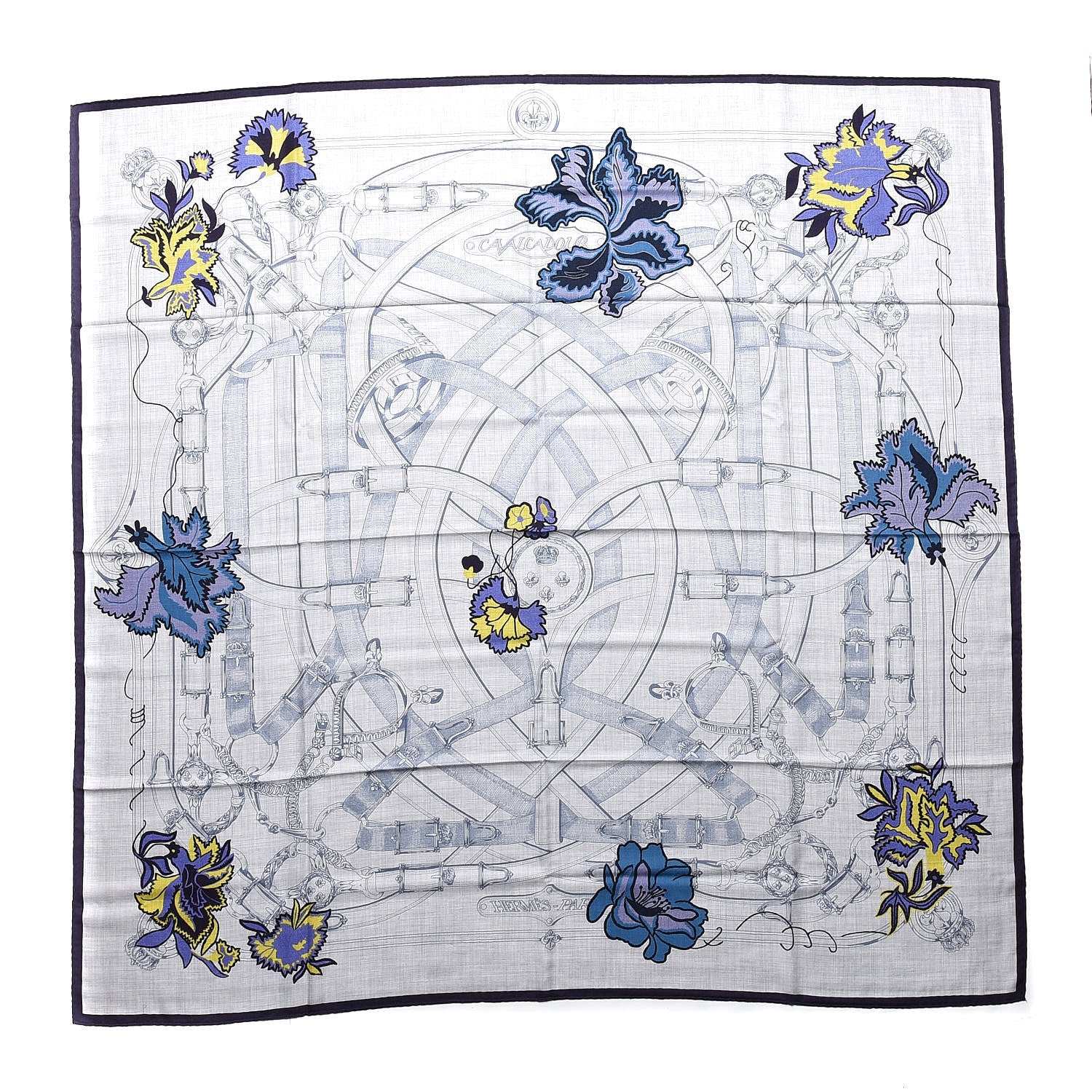 Hermes Cashmere Silk Cavalcadour Shawl 140 Gris Chine Juane Marine 1 of 8
