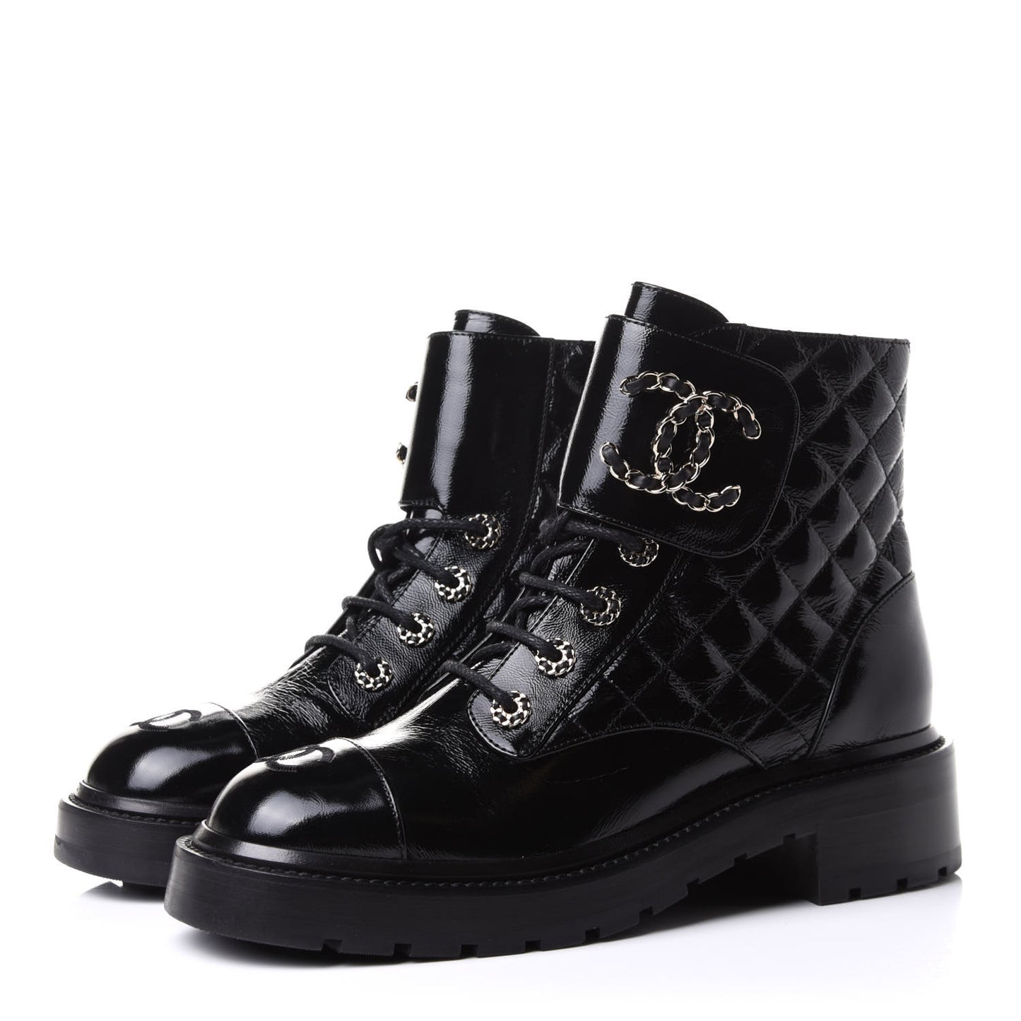 Shiny Calfskin Quilted Lace Up Combat Boots 38.5 Black