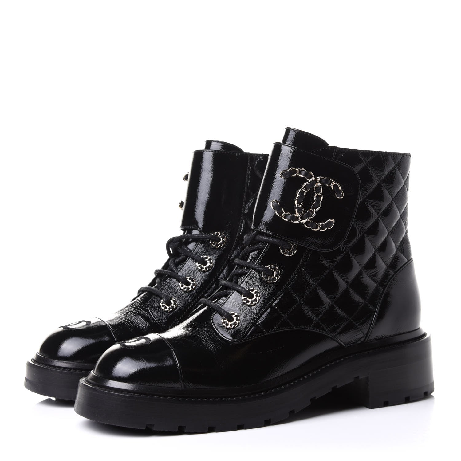 Chanel Shiny Calfskin Quilted Lace Up Combat Boots 38.5 Black 3 of 10