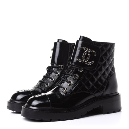 Chanel Shiny Calfskin Quilted Lace Up Combat Boots 38.5 Black 3 of 10