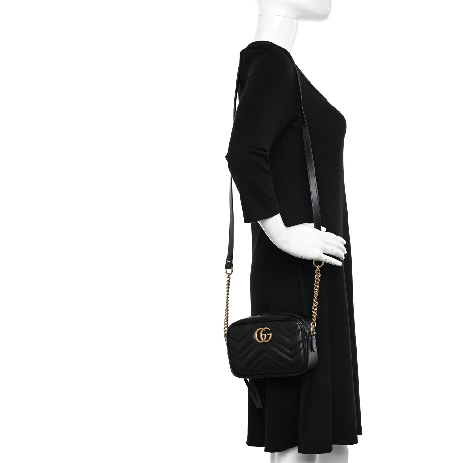 Gucci Calfskin Matelasse Mini GG Marmont Chain Shoulder Bag Black 2 of 9