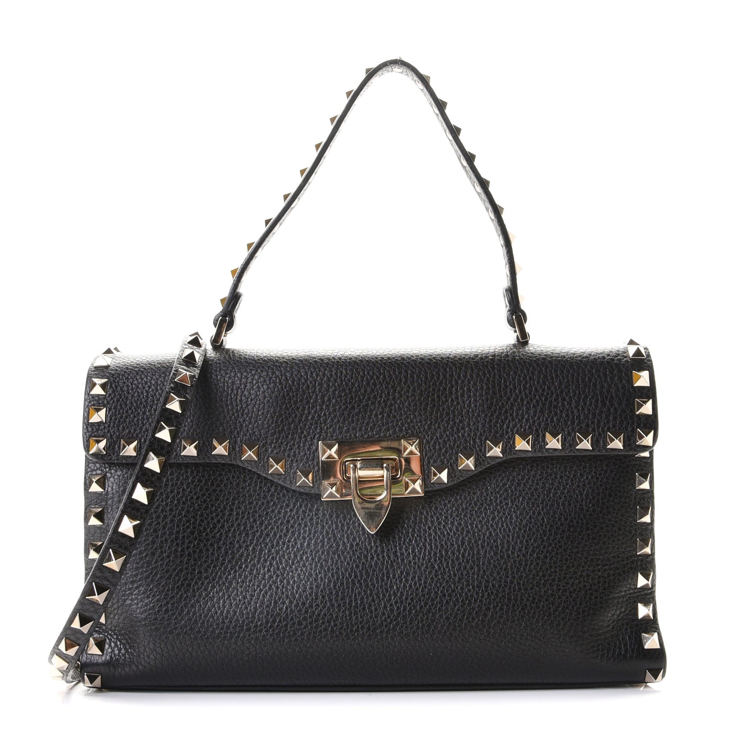 Pebbled Calfskin Small Rockstud Single Handle Flap Bag Black