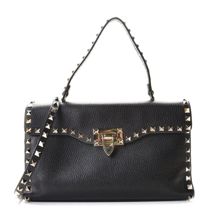 Valentino Garavani Pebbled Calfskin Small Rockstud Single Handle Flap Bag Black 1 of 11