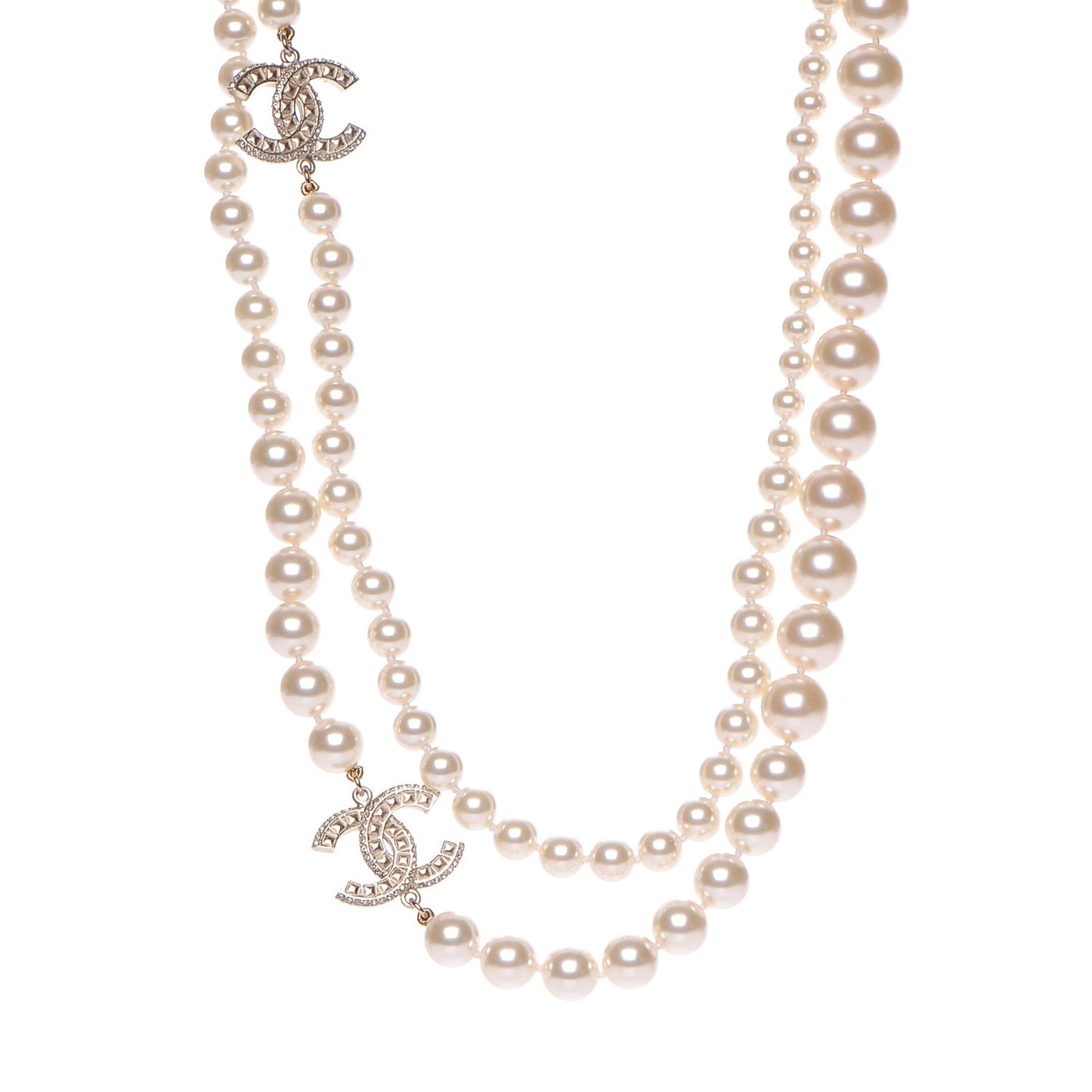 Graduated Pearl Crystal CC Long Necklace Light Gold