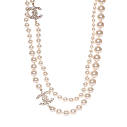 Chanel Graduated Pearl Crystal CC Long Necklace Light Gold 1 of 6