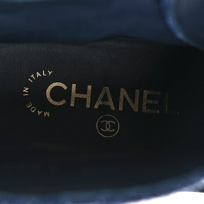 Chanel Shiny Calfskin Velvet Quilted Lace Up Combat Boots 37 Blue 8 of 9