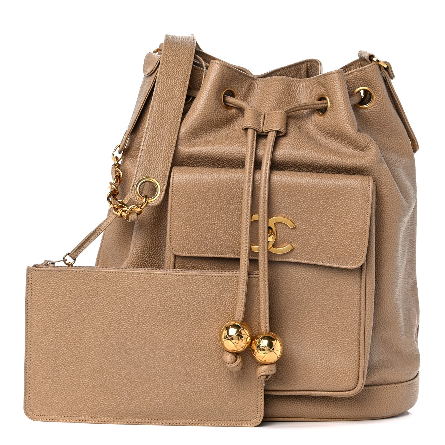 Caviar Drawstring Shoulder Bag Beige