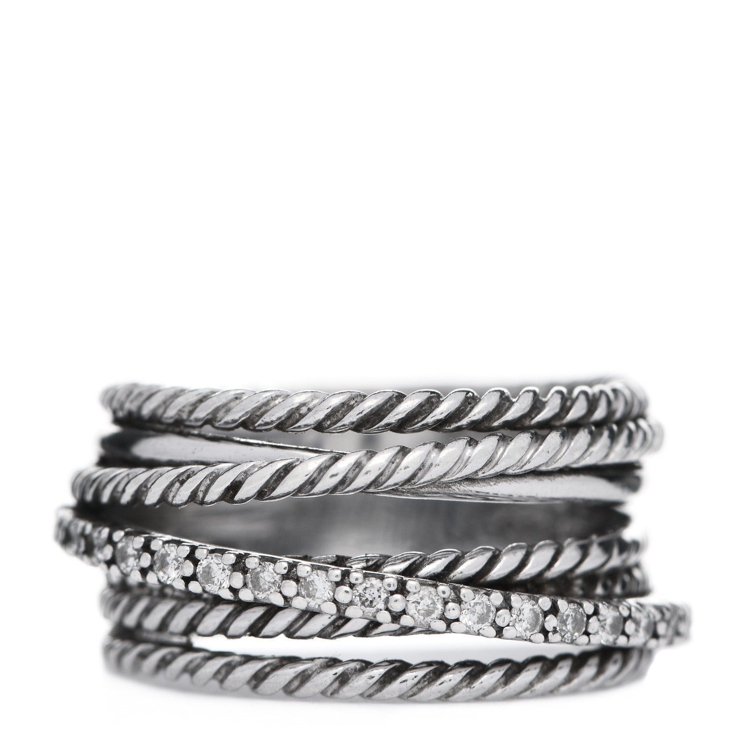 David Yurman Sterling Silver Diamond 11mm Wide Crossover Cable Ring 54 7 1 of 5