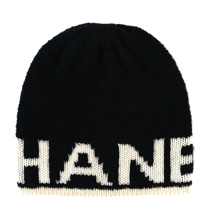 Chanel Cashmere Wool Silk Blend Logo Beanie Hat Black White 1 of 3