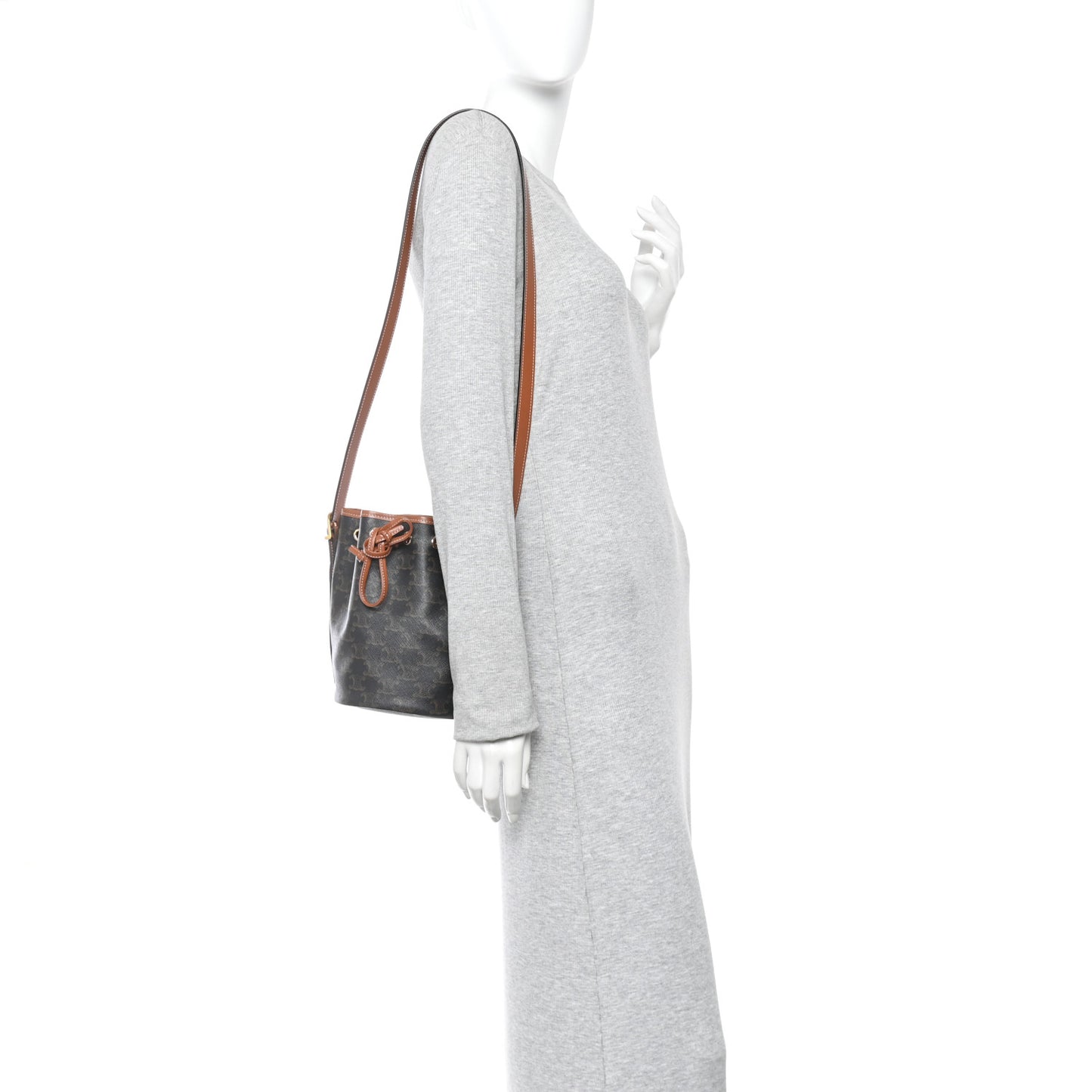 Triomphe Canvas Calfskin Small Drawstring Bucket Bag Tan