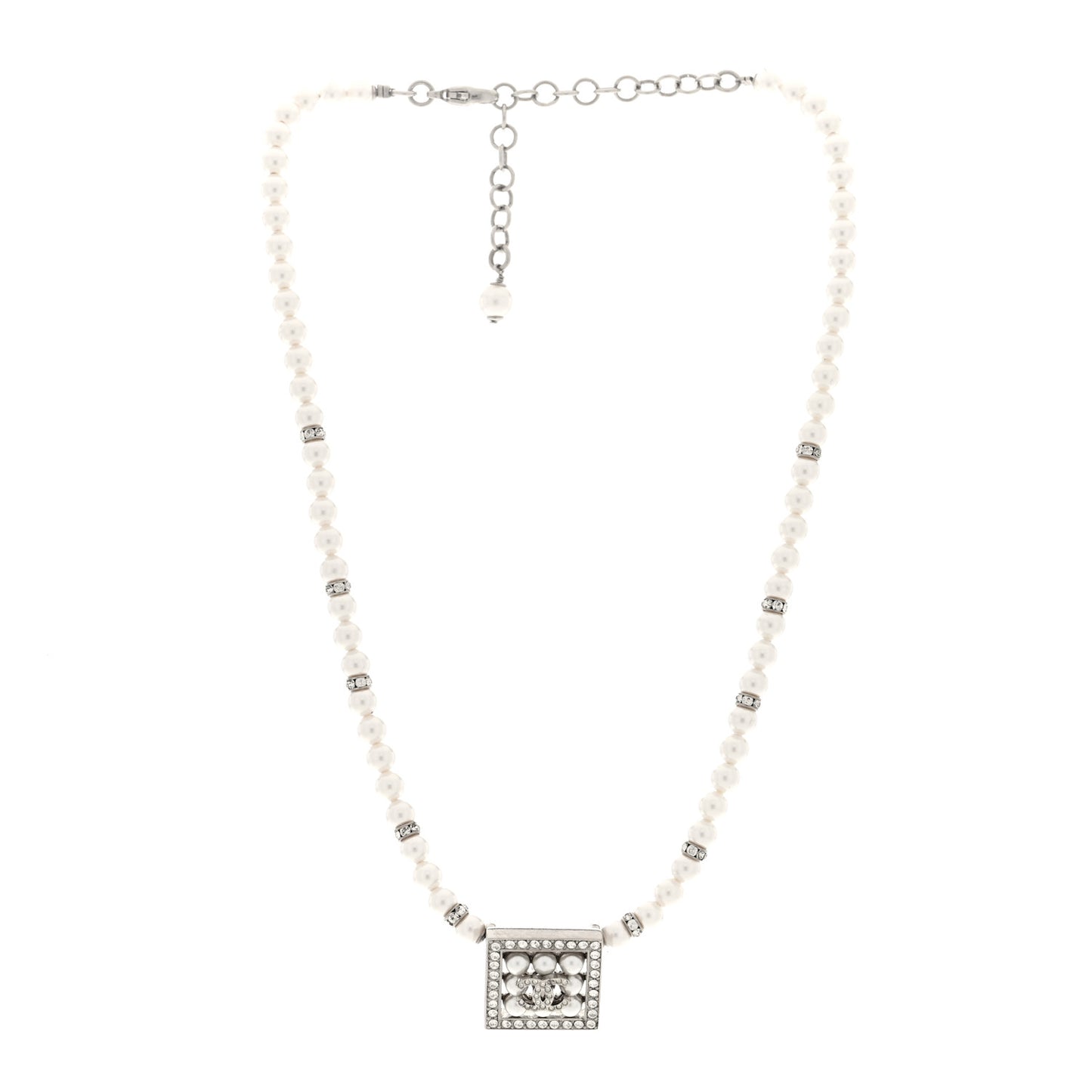 CC Crystal Square Pendant Lock Necklace Silver