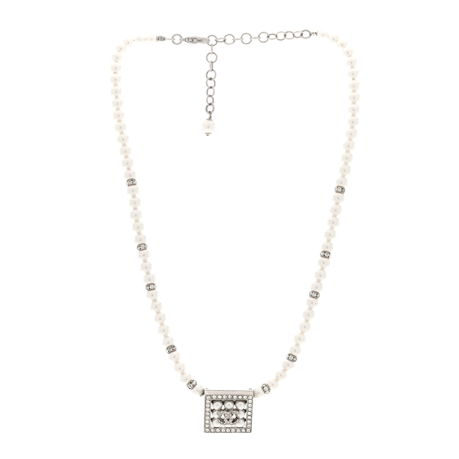 Chanel CC Crystal Square Pendant Lock Necklace Silver 3 of 4