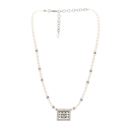 Chanel CC Crystal Square Pendant Lock Necklace Silver 3 of 4