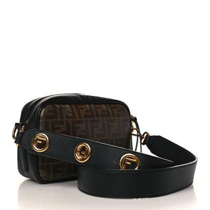 Fendi Glazed Fabric Vitello Century F is Fendi FF 1974 Stamp Patch Camera Case Mogano Panna Black 3 of 10