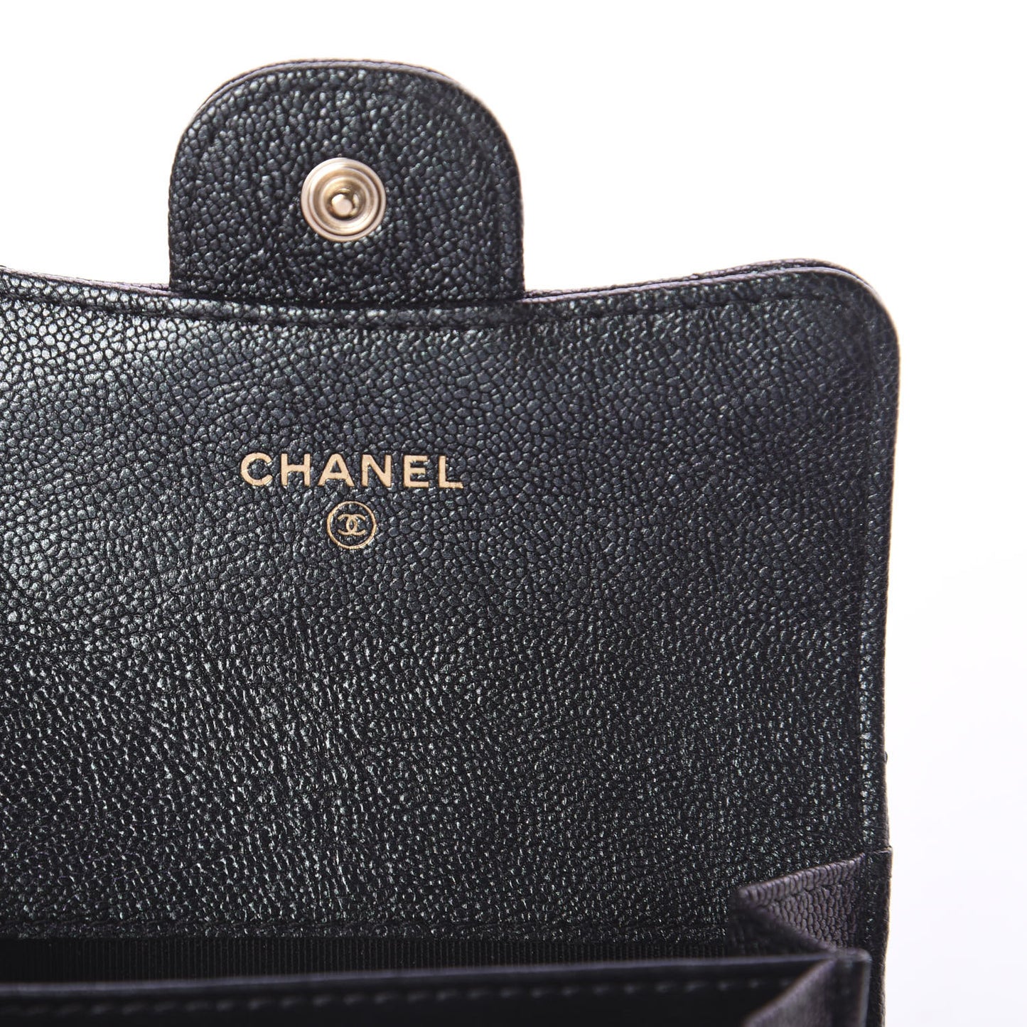 Iridescent Caviar Quilted Flap Card Holder Wallet Black