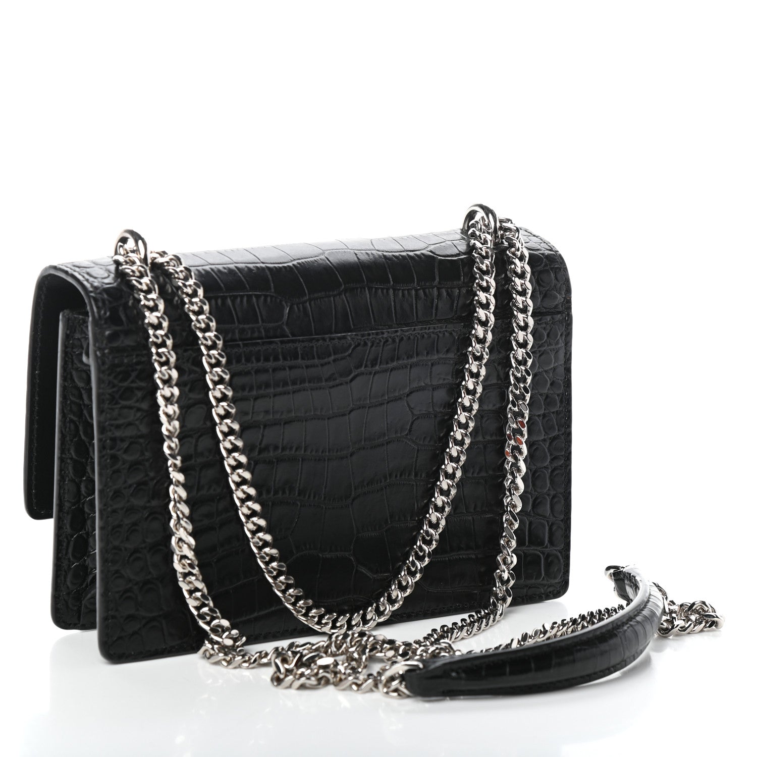 Saint Laurent Calfskin Crocodile Embossed Monogram Sunset Chain Wallet Black 3 of 8
