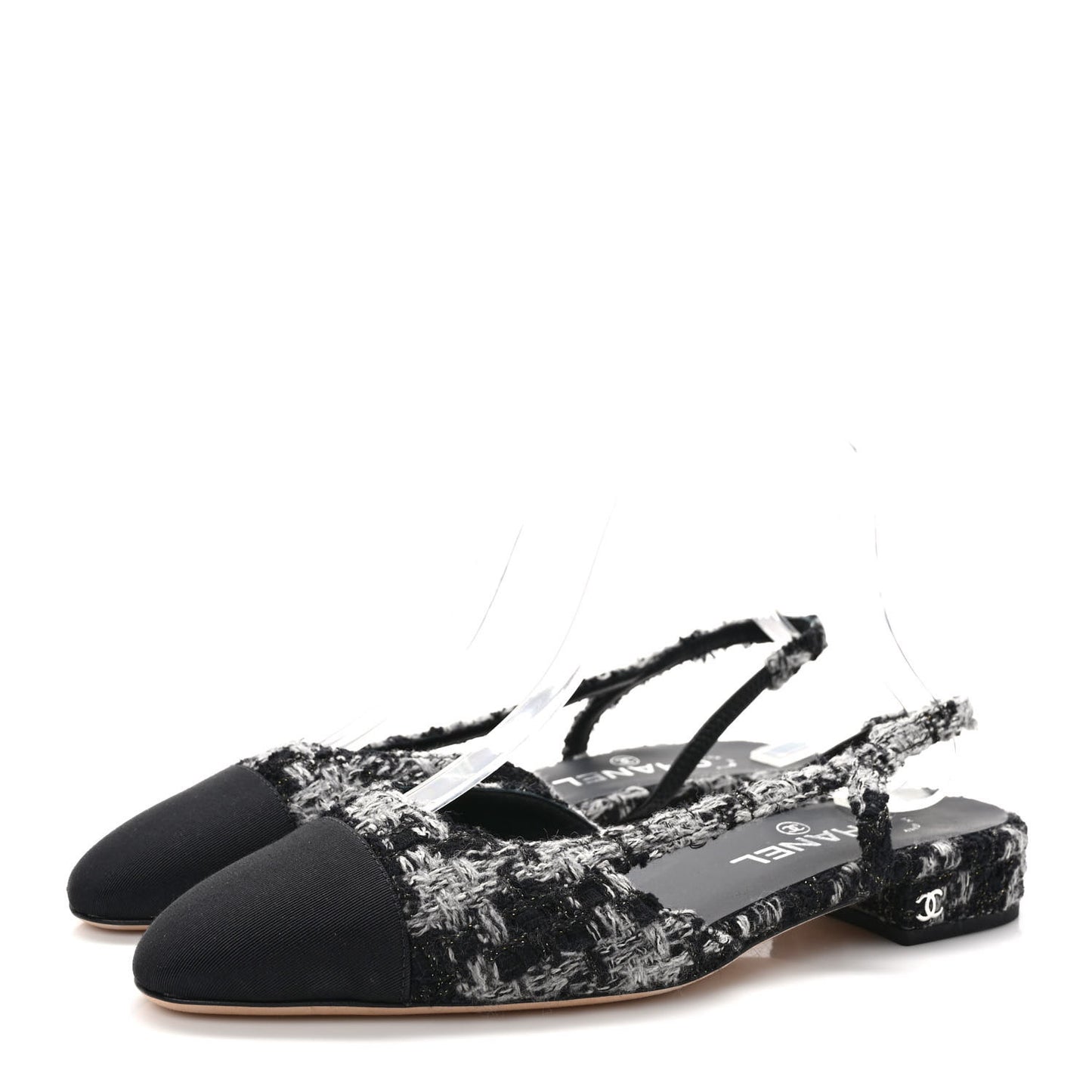 Tweed Grosgrain Toe CC Slingback Flat 38 Black Grey
