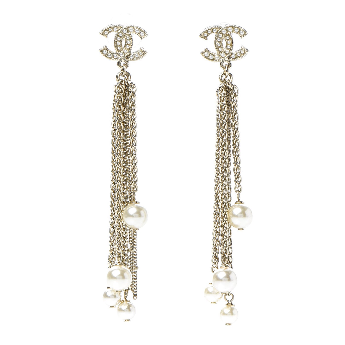 Pearl Chain CC Dangle Earrings Gold
