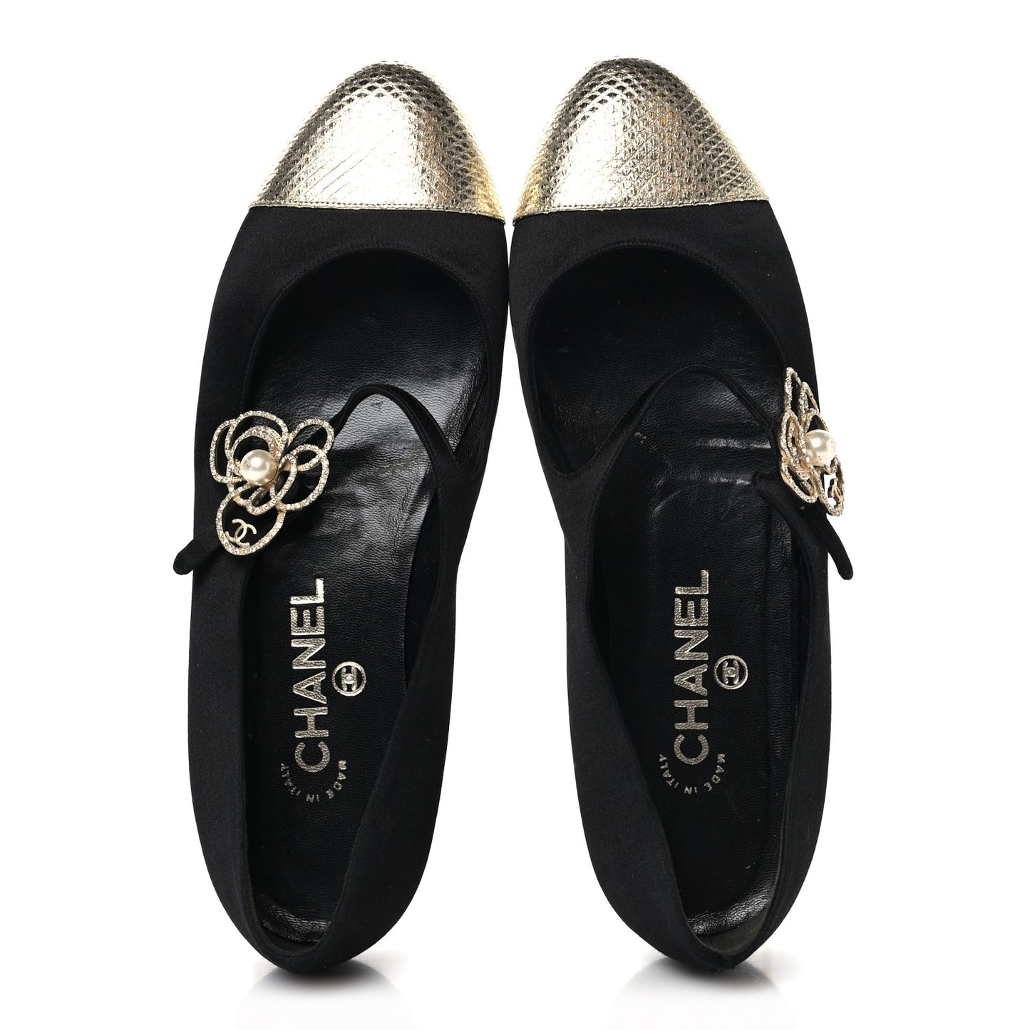 Satin Crystal Snakeskin Embossed Cap Toe Ballerina Flats 38 Black Gold