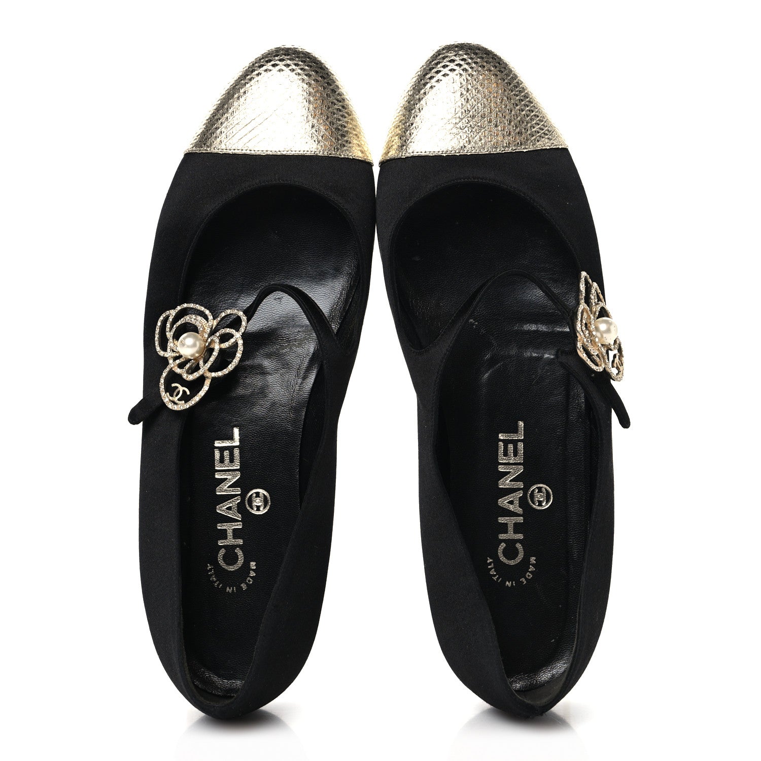 Chanel Satin Crystal Snakeskin Embossed Cap Toe Ballerina Flats 38 Black Gold 2 of 9
