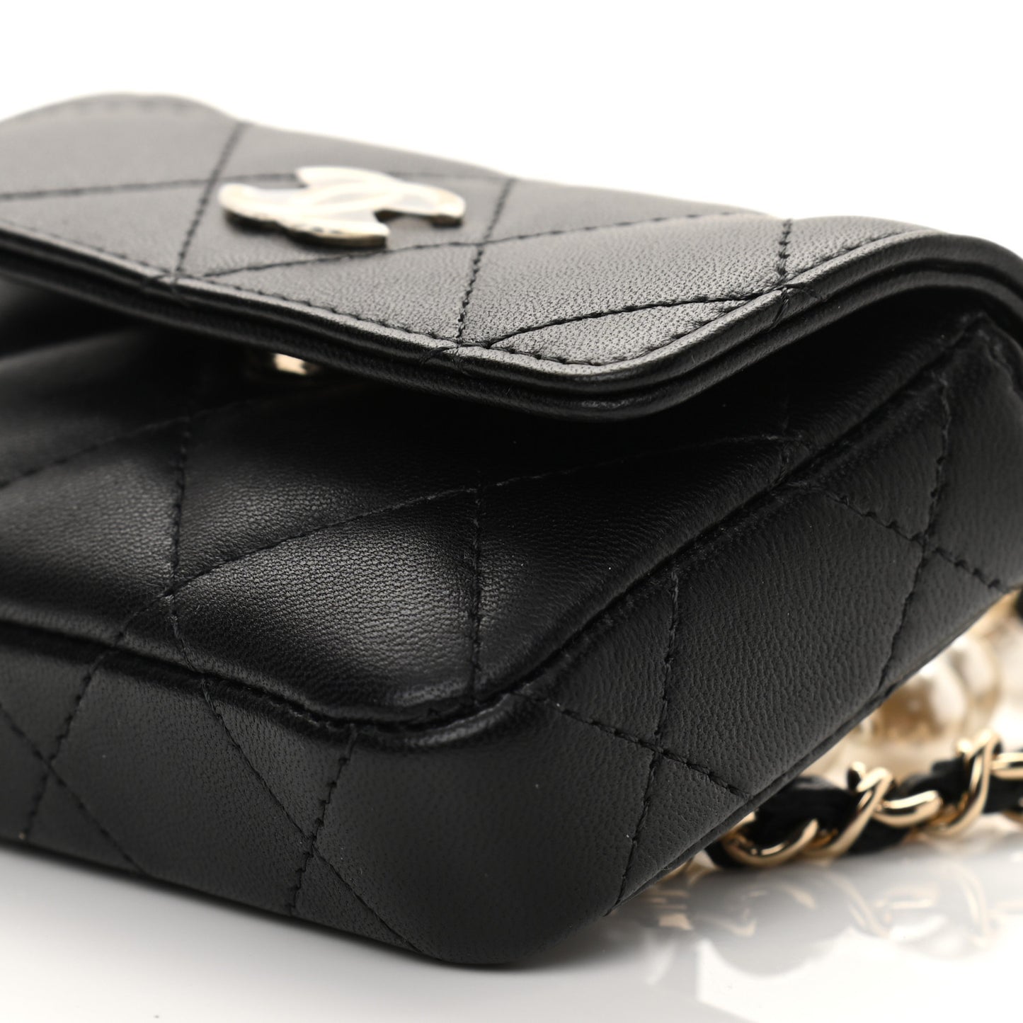 Lambskin Quilted Pearl Chain Belt Bag Black