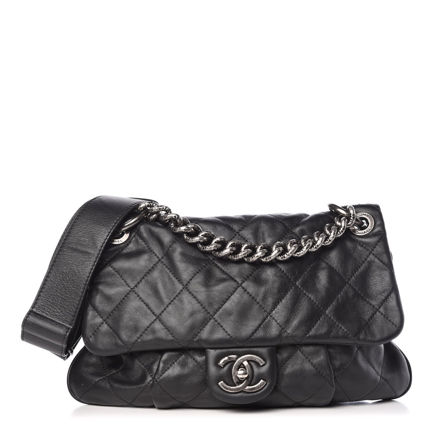Calfskin Coco Pleats Messenger Flap Black