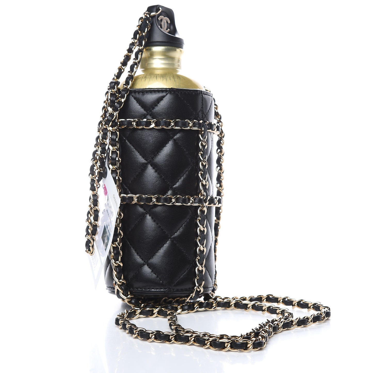 Lambskin Quilted CC To Drink Water Bottle Black Gold