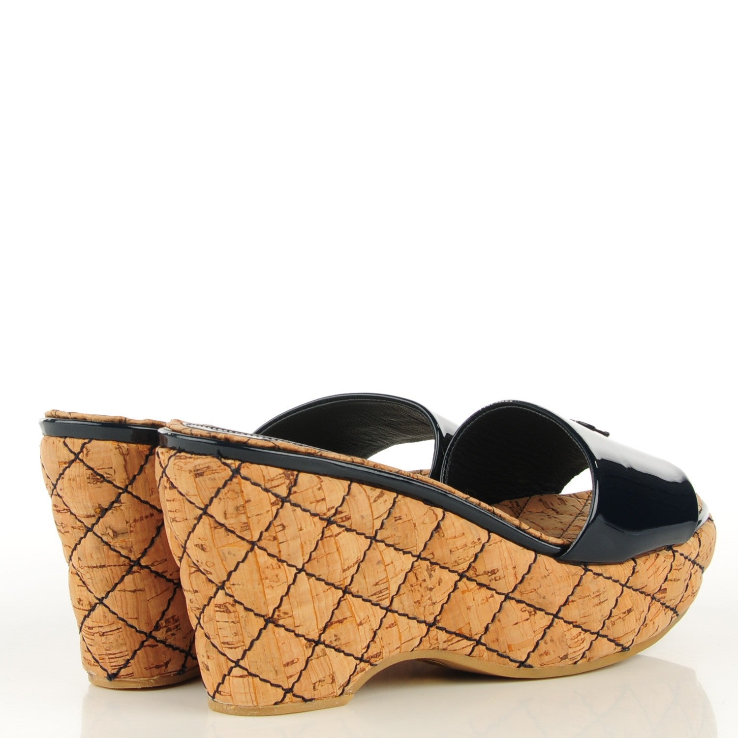 Chanel Patent Cork Quilted CC Wedge Sandals 38 Navy Blue 4 of 8
