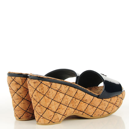 Chanel Patent Cork Quilted CC Wedge Sandals 38 Navy Blue 4 of 8