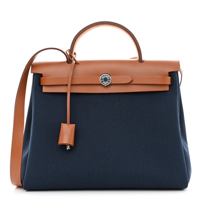 Hermes Toile Officier Vache Hunter Laque Horseshoe Herbag Zip PM 31 Bleu De Malte Natural 3 of 14