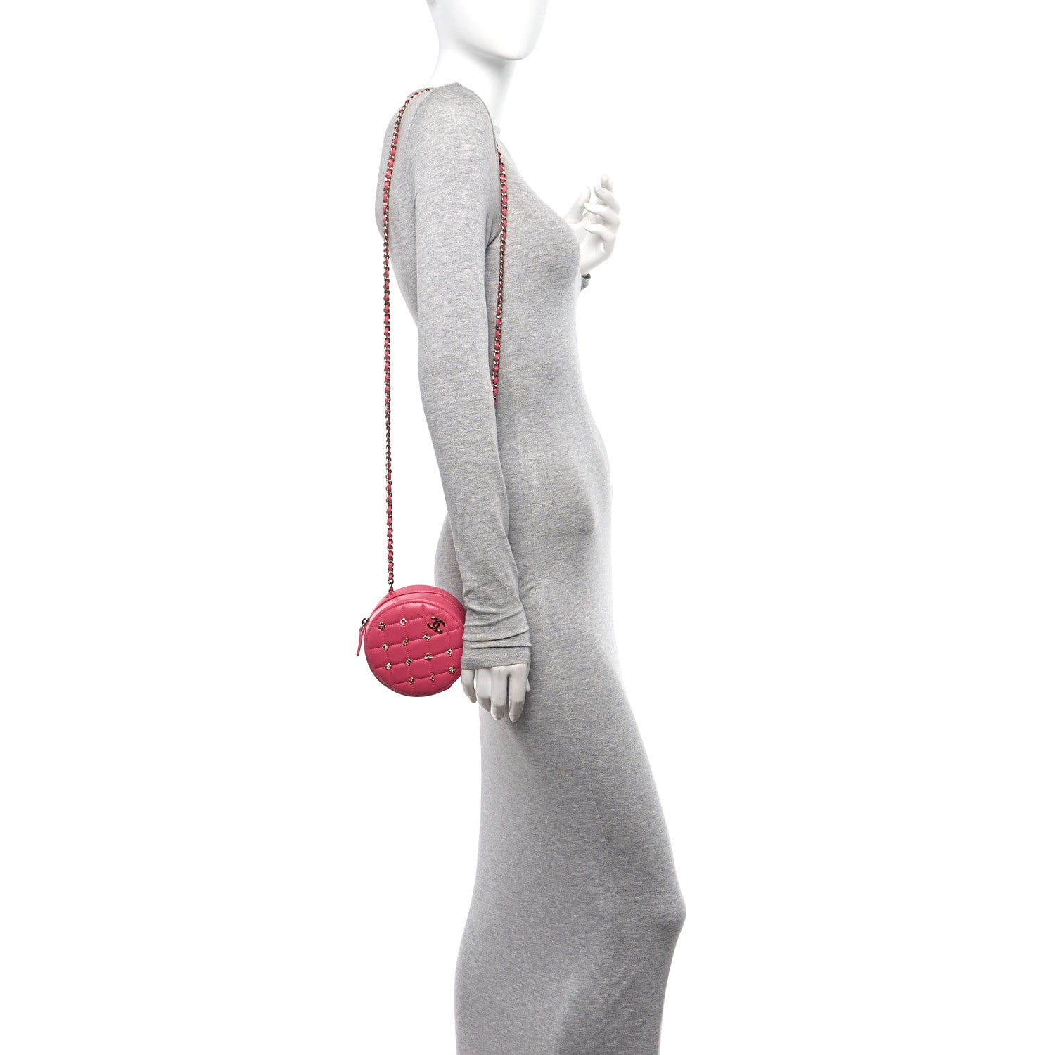 Chanel Lambskin Quilted Studded Round Clutch With Chain Dark Pink 2 of 10