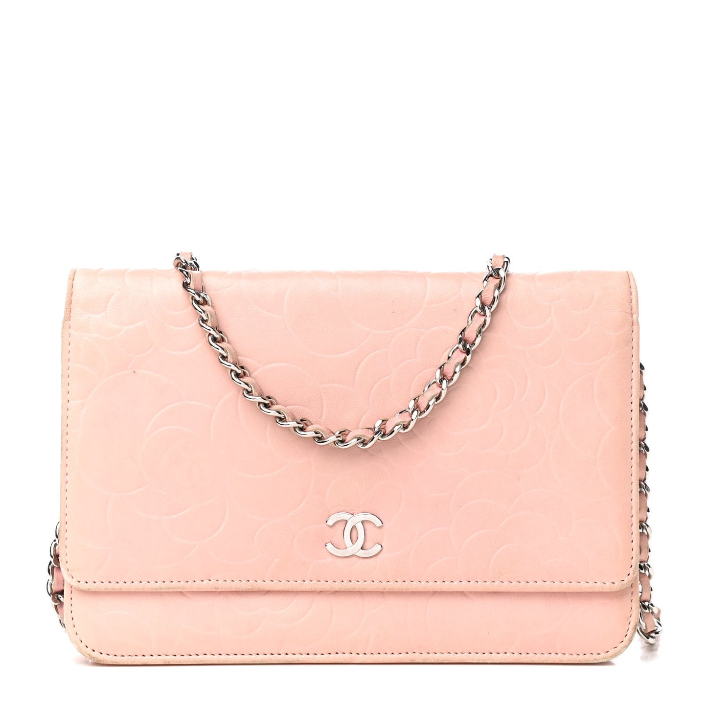 Lambskin Camellia Embossed Wallet On Chain WOC Light Pink