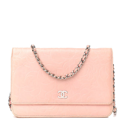 Chanel Lambskin Camellia Embossed Wallet On Chain WOC Light Pink 1 of 4