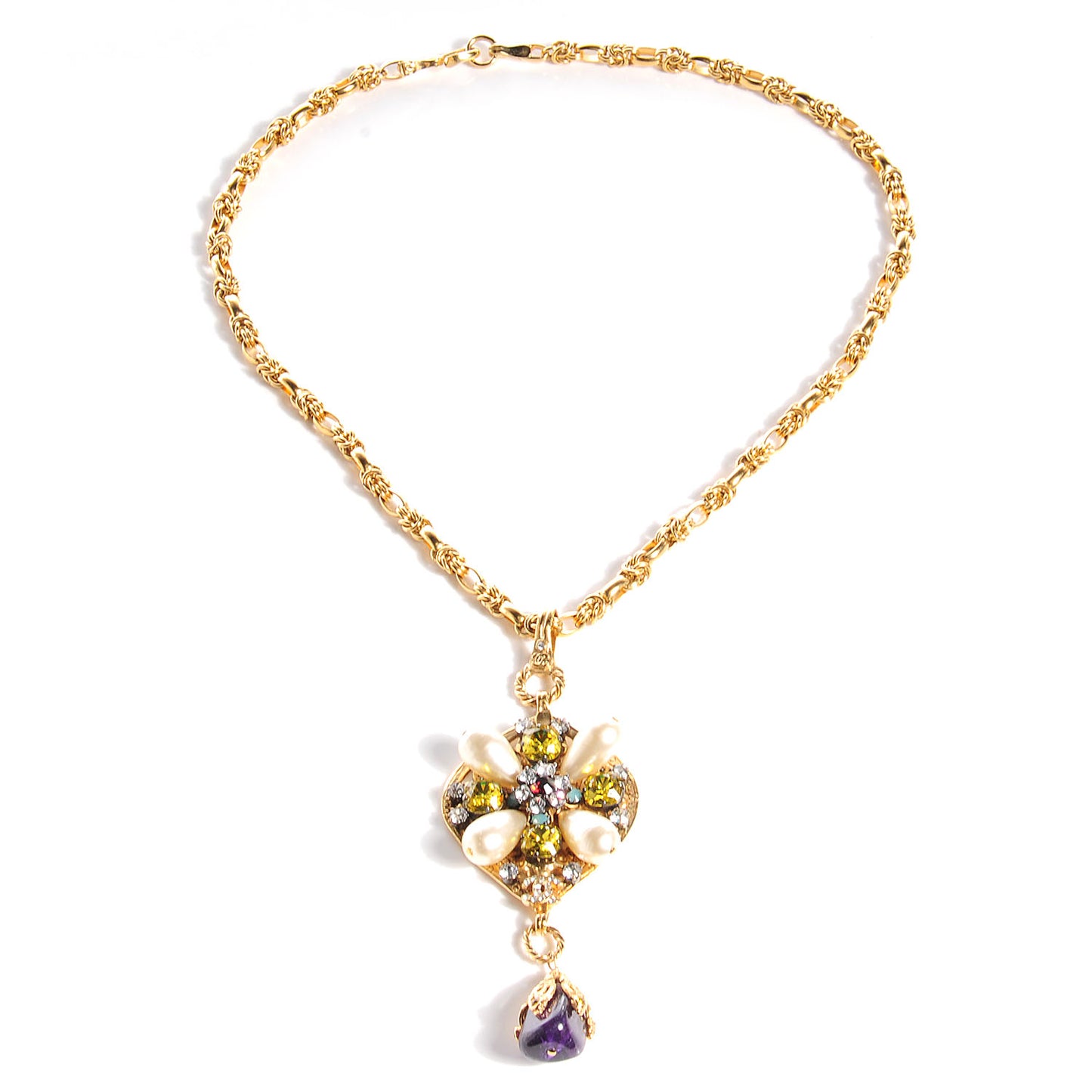 Jeweled Pearl CC Logo Drop Necklace Gold