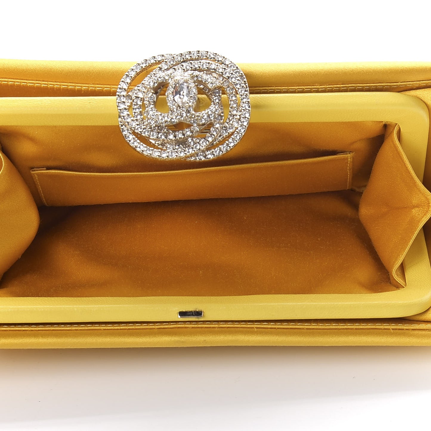 Satin Crystal Camellia Evening Frame Clutch Yellow